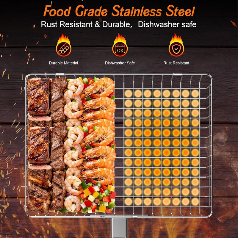 OUBRTS Grill Baskets for Outdoor Grill, 2PCS BBQ Grilling Basket with Removable Wooden Handle, Stainless Steel Camping Cooking Grill Accessories for Meat Fish Vegetable Seafood, Gifts for Men Dad Husband - Image 5